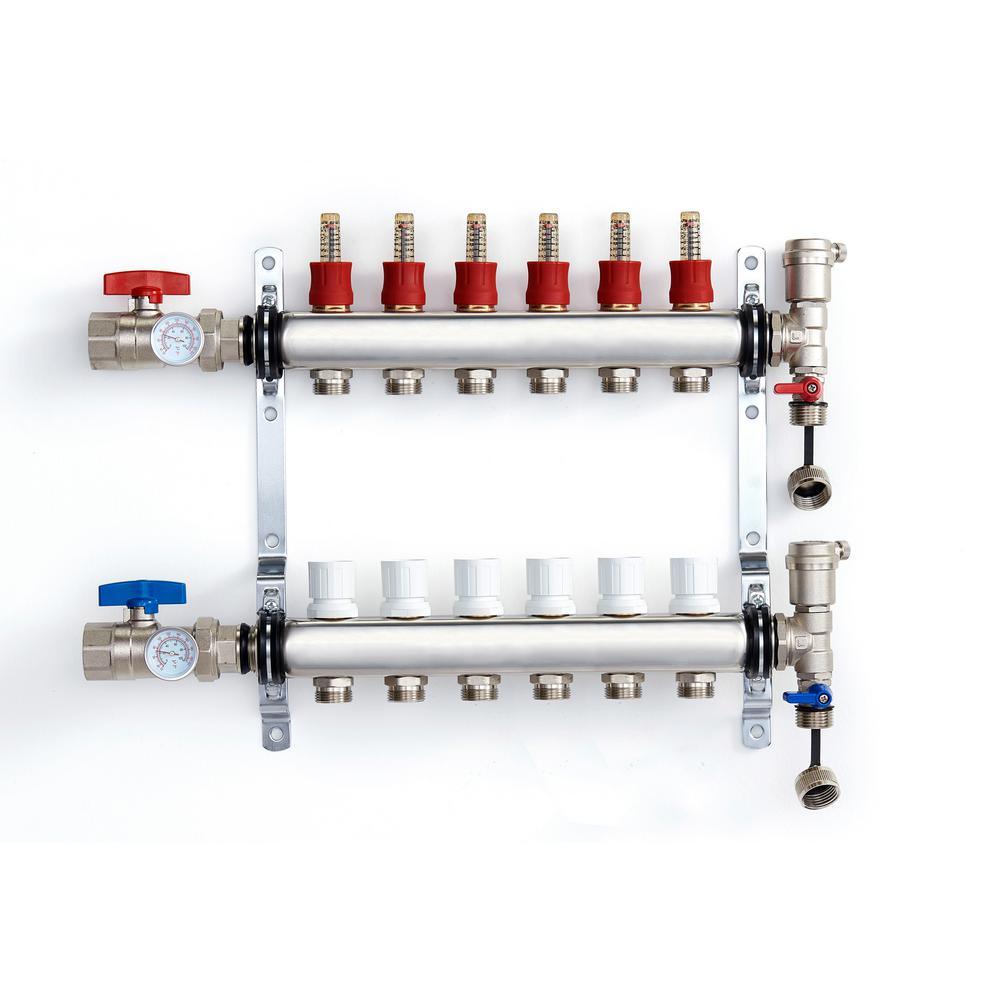 1 in. NPT Inlet x 1/2 in.  Stainless Steel Compression Connection 6-Outlet Radiant Heating Manifold