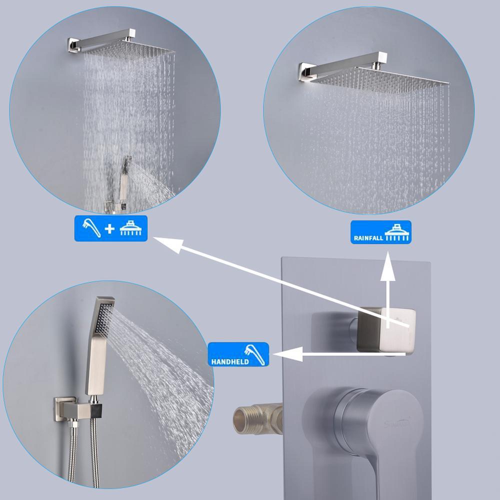 1-Spray Patterns with 2.66 GPM 10 in. Wall Mount Dual Shower Heads with Rough-In Valve Body and Trim in Brushed Nickel