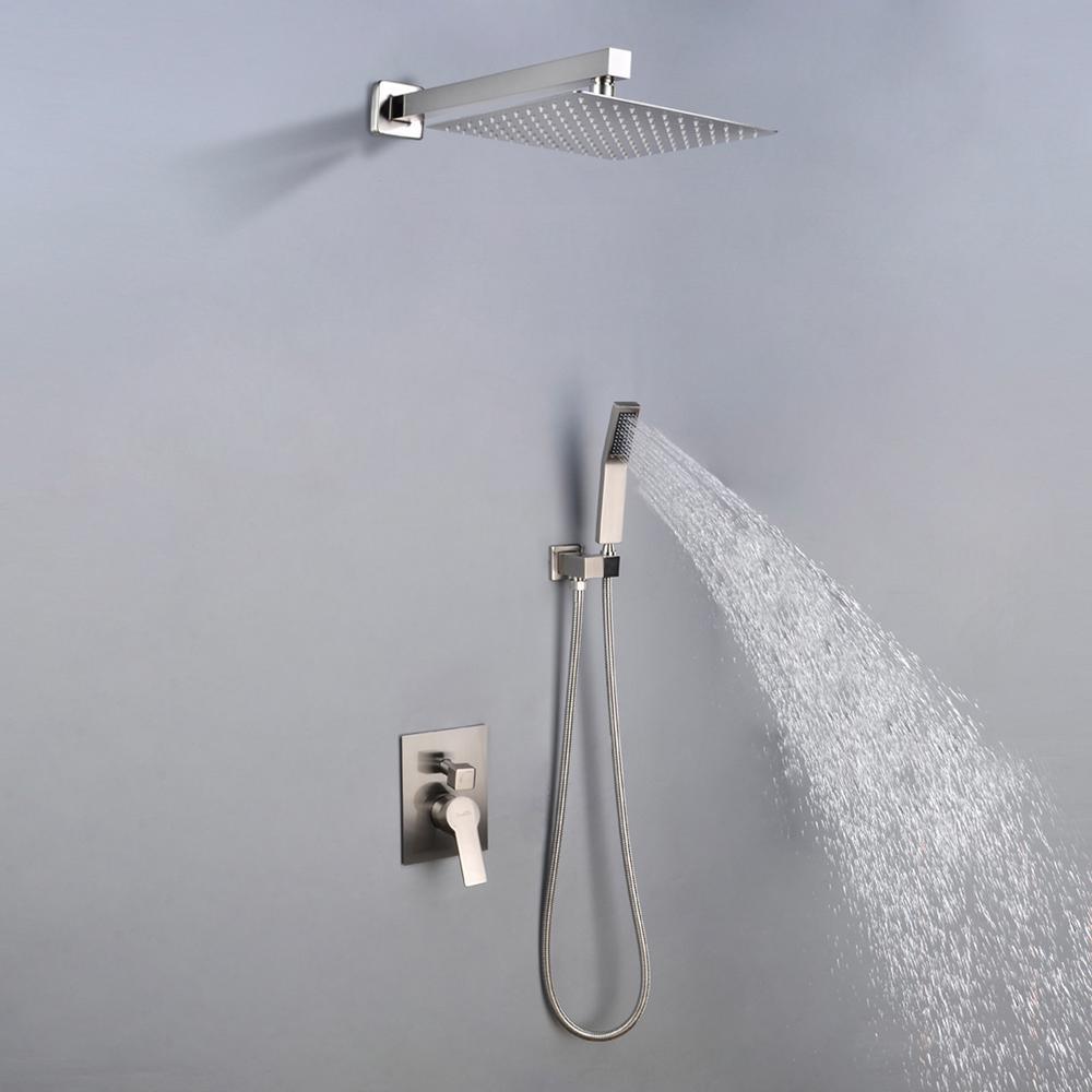 1-Spray Patterns with 2.66 GPM 10 in. Wall Mount Dual Shower Heads with Rough-In Valve Body and Trim in Brushed Nickel