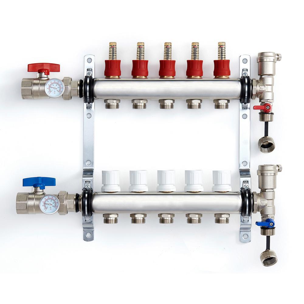 1 in. NPT Inlet x 1/2 in.  Stainless Steel Compression Connection 5-Outlet Radiant Heating Manifold