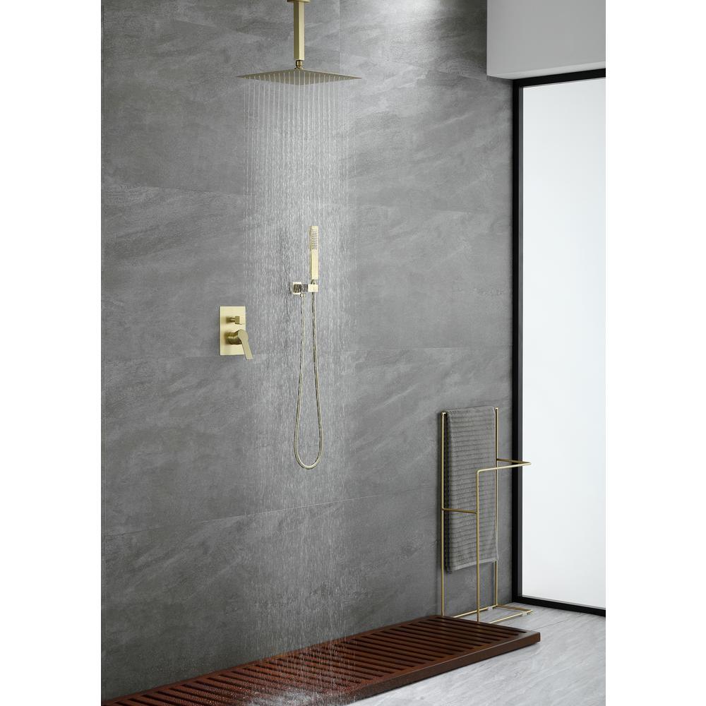 1-Spray Patterns with 2.38 GPM 12 in. Ceiling Mount Dual Shower Heads with Rough-In Valve Body and Trim in Brushed Gold