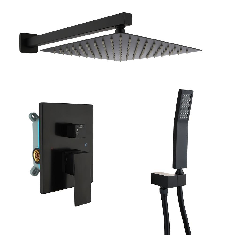 1-Spray Patterns with 2.5 GPM 10 in. Wall Mount Rain Dual Shower Heads in Matte Black, Shower System / Faucet Set
