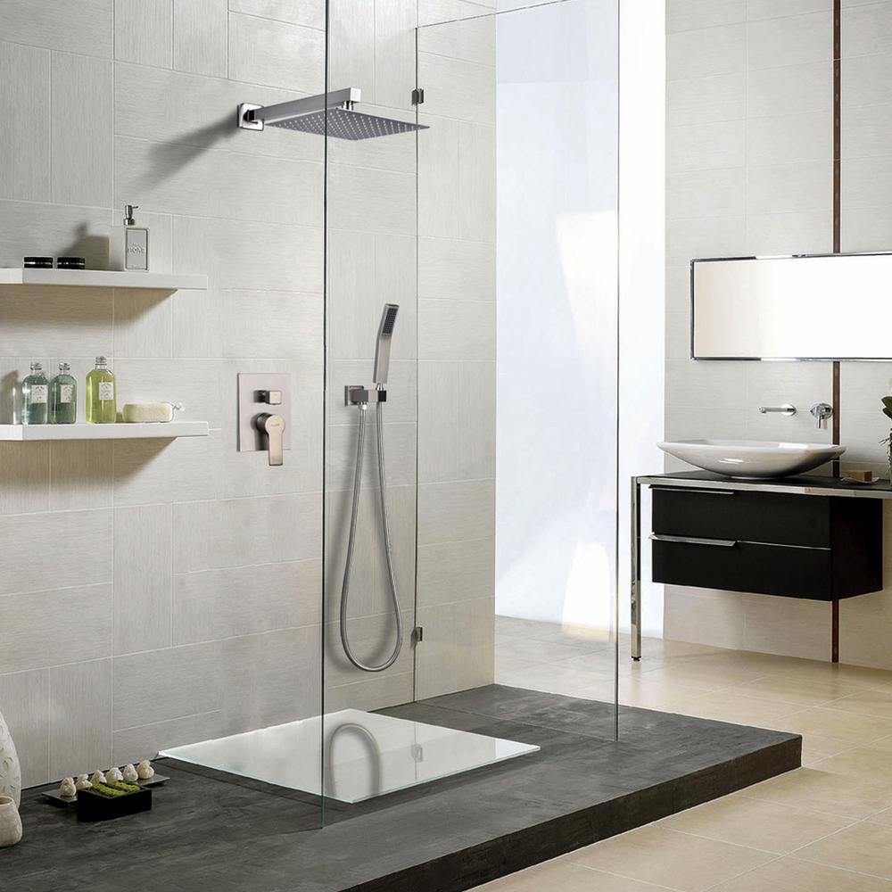 1-Spray Patterns with 2.66 GPM 10 in. Wall Mount Dual Shower Heads with Rough-In Valve Body and Trim in Brushed Nickel
