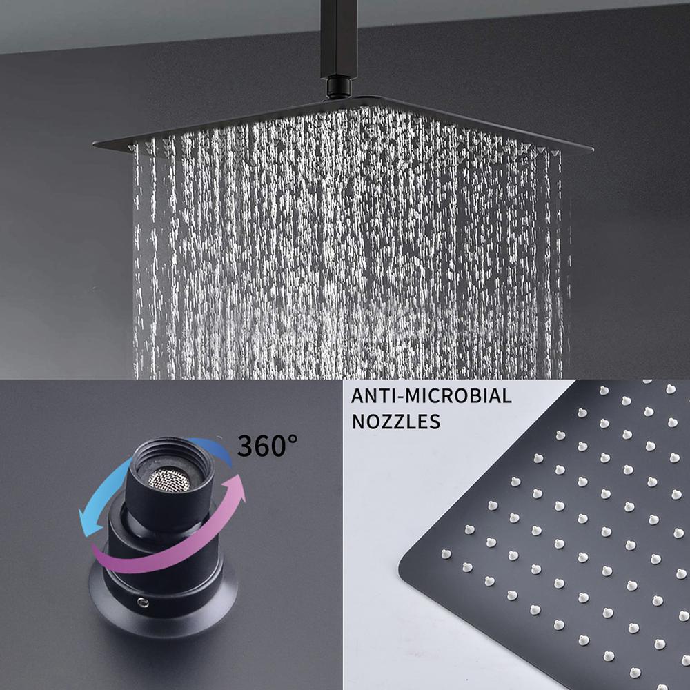 1-Spray Patterns with 2.38 GPM 12 in. Ceiling Mount Dual Shower Heads with Rough-In Valve Body and Trim in Matte Black