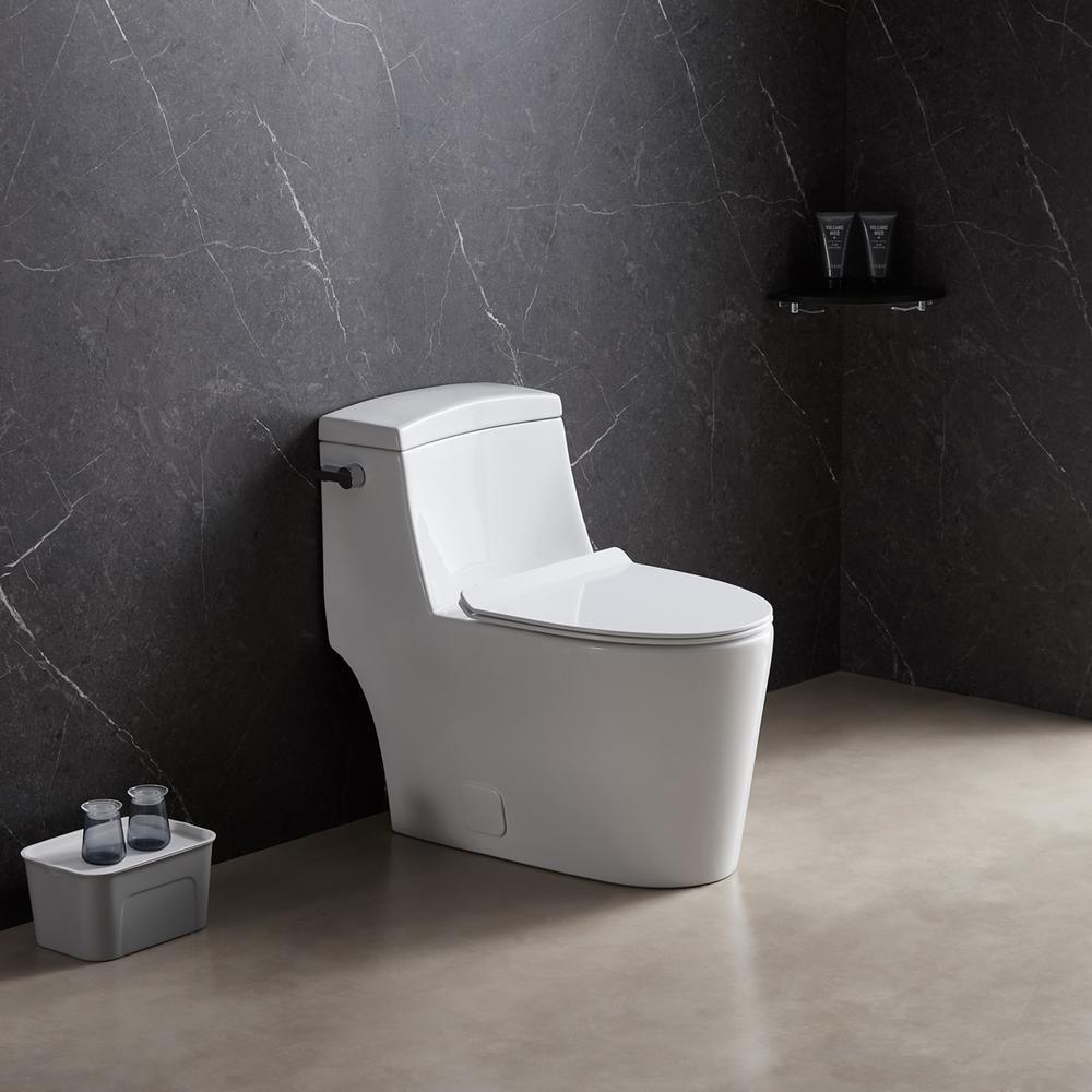 1-Piece 1.28 GPF High Efficiency Single-Flush Elongated Skirted Toilet All-in-One Toilet in White Seat Included