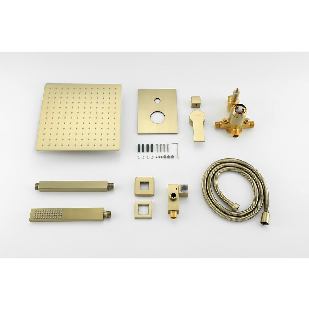 1-Spray Patterns with 2.38 GPM 12 in. Ceiling Mount Dual Shower Heads with Rough-In Valve Body and Trim in Brushed Gold