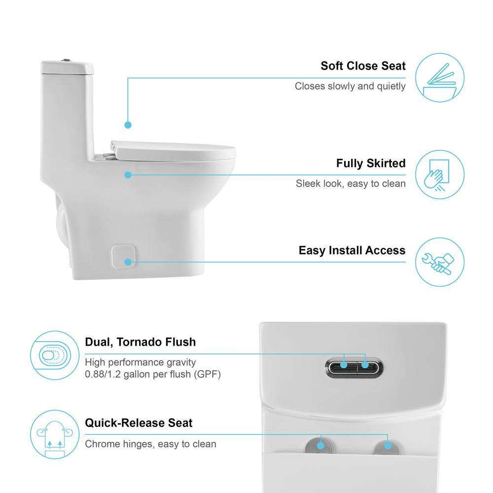 1-Piece Dual Flush 1.2 GPF/0.88 GPF High Efficiency Skirted Toilet Round Bowl All-in-One Toilet in White Seat Included
