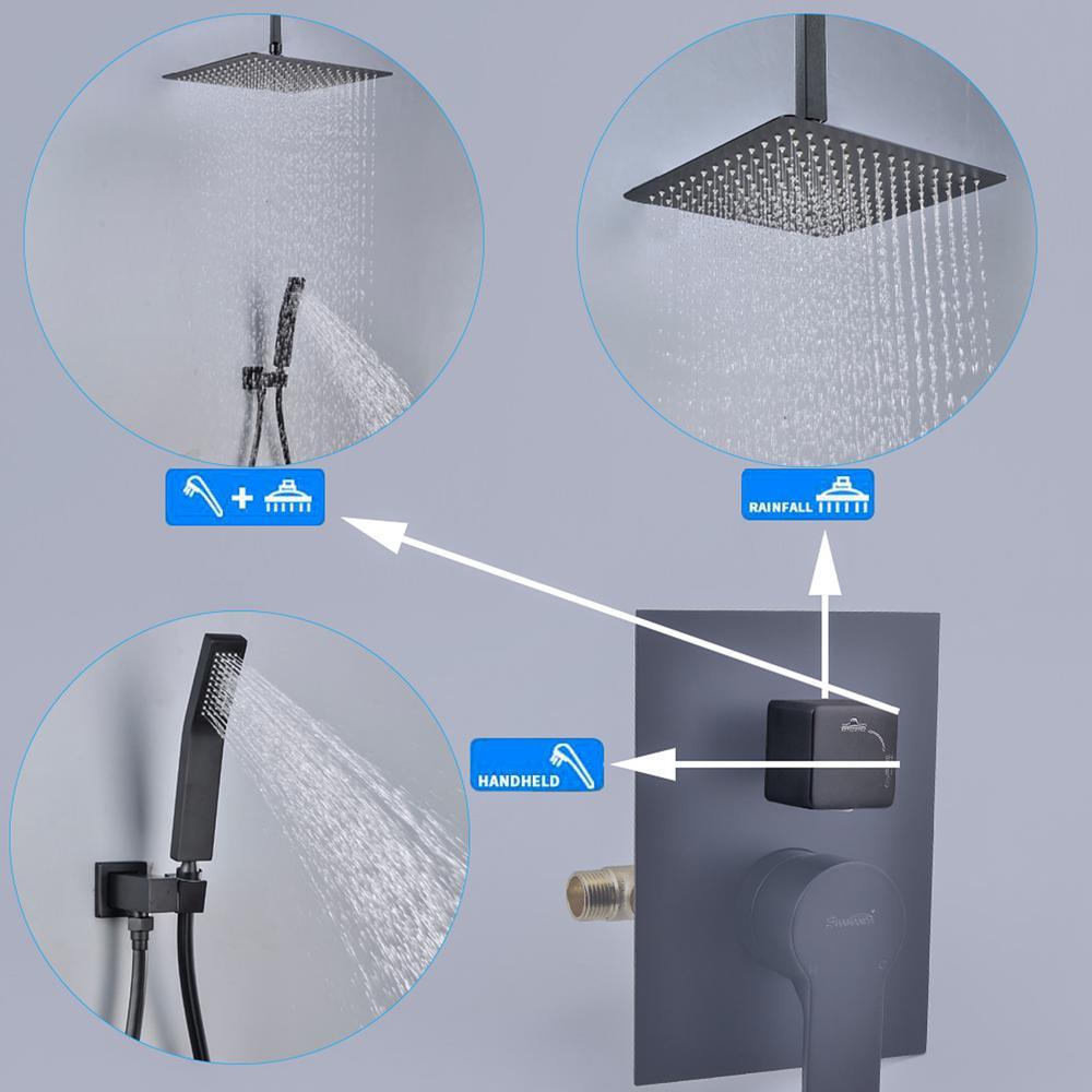 1-Spray Patterns with 2.38 GPM 12 in. Ceiling Mount Dual Shower Heads with Rough-In Valve Body and Trim in Matte Black