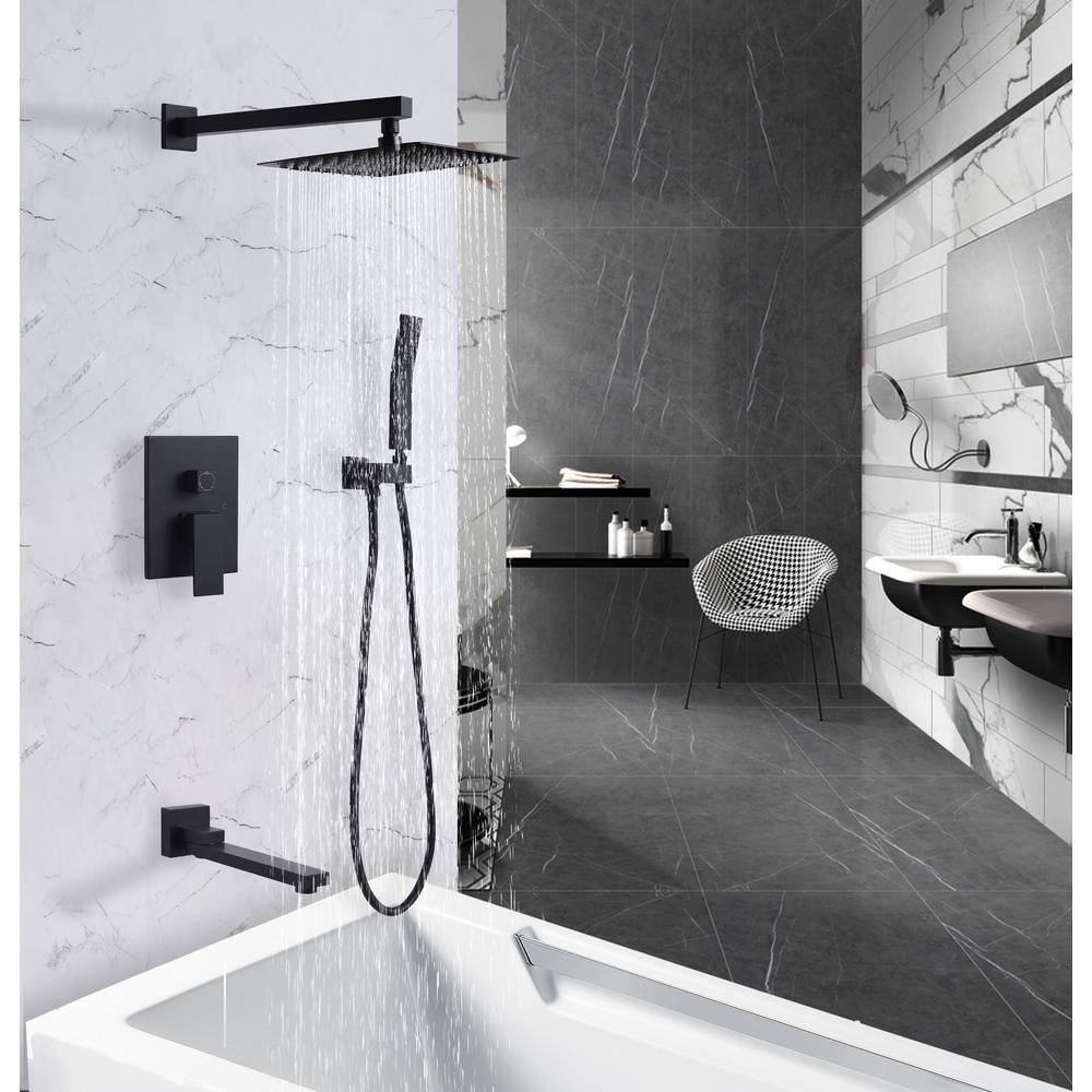 1-Spray Patterns with 2.5 GPM 10 in. 3-Way Wall Mount Rain Dual Shower Heads with Tub Shower Faucet in Matte Black