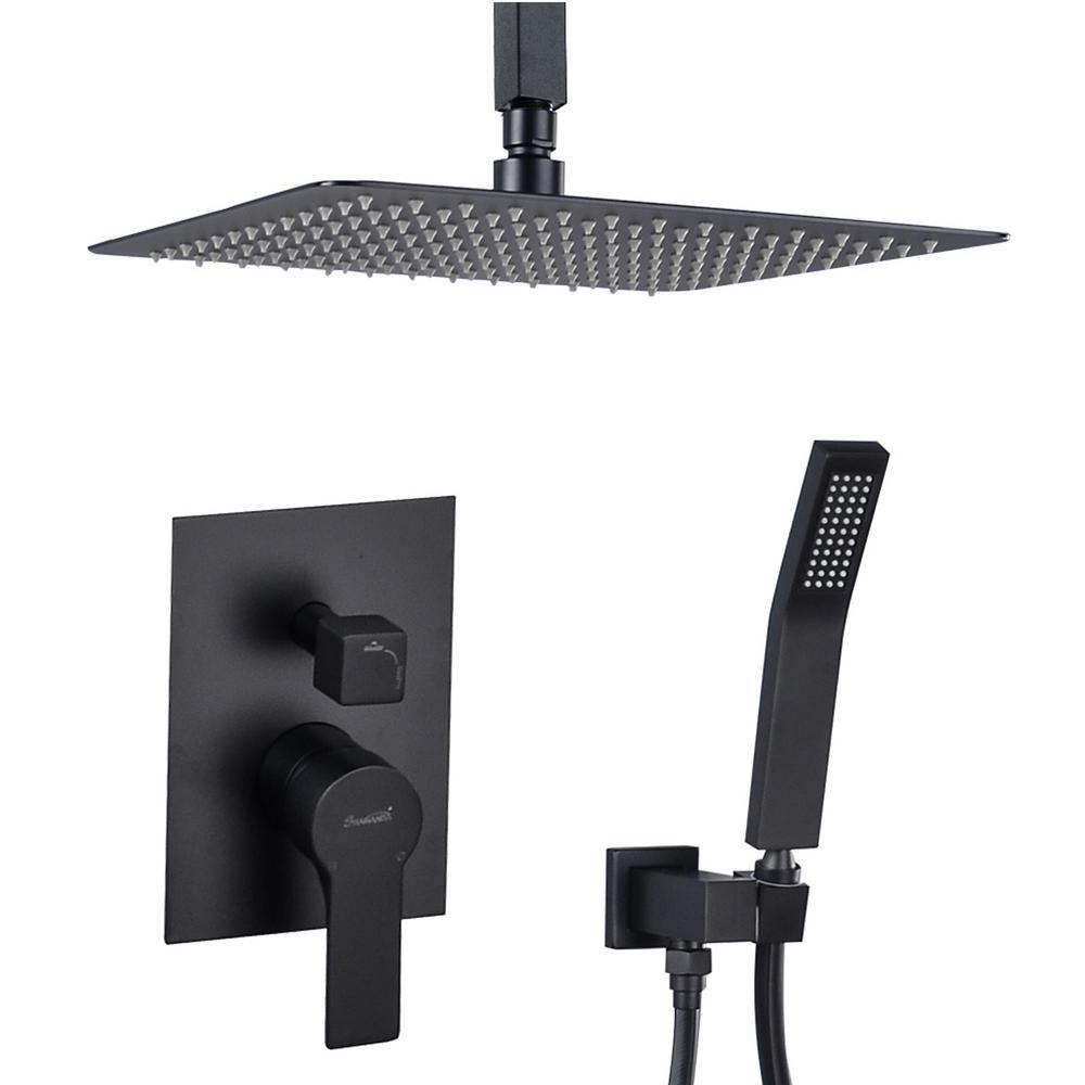 1-Spray Patterns with 2.38 GPM 12 in. Ceiling Mount Dual Shower Heads with Rough-In Valve Body and Trim in Matte Black
