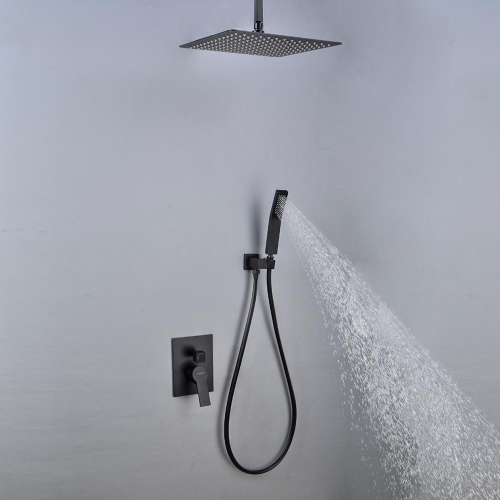 1-Spray Patterns with 2.38 GPM 12 in. Ceiling Mount Dual Shower Heads with Rough-In Valve Body and Trim in Matte Black