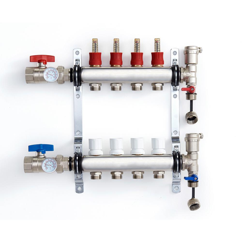 1 in. NPT Inlet x 1/2 in.  Stainless Steel Compression Connection 4-Outlet Radiant Heating Manifold