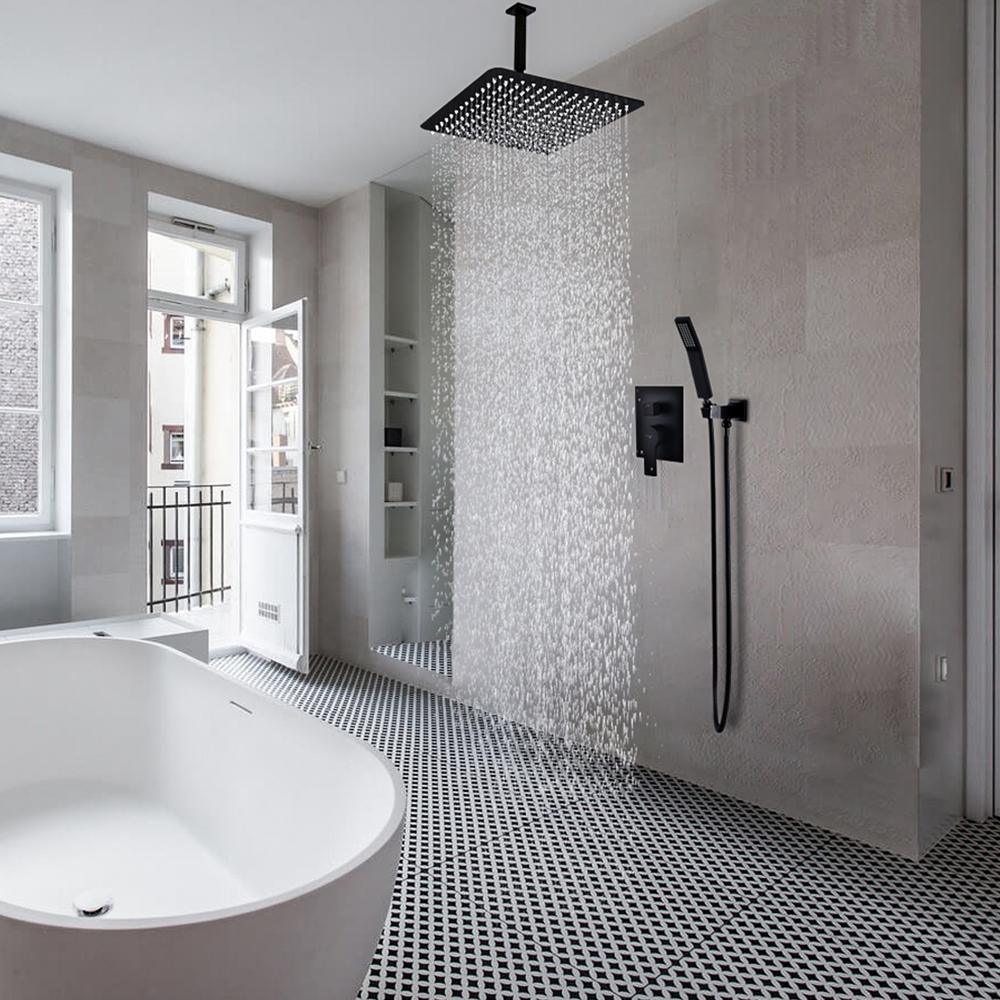 1-Spray Patterns with 2.38 GPM 12 in. Ceiling Mount Dual Shower Heads with Rough-In Valve Body and Trim in Matte Black