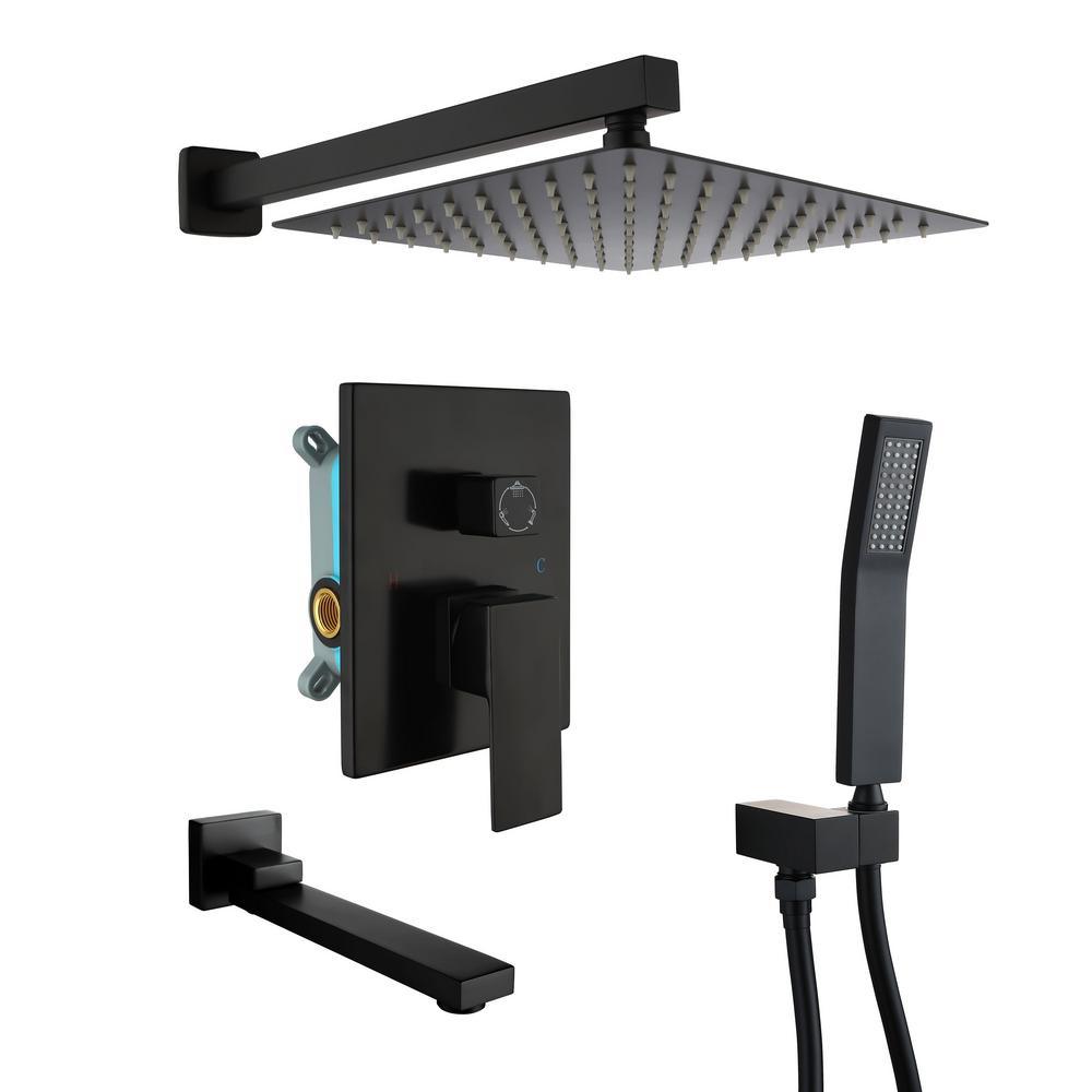 1-Spray Patterns with 2.5 GPM 10 in. 3-Way Wall Mount Rain Dual Shower Heads with Tub Shower Faucet in Matte Black