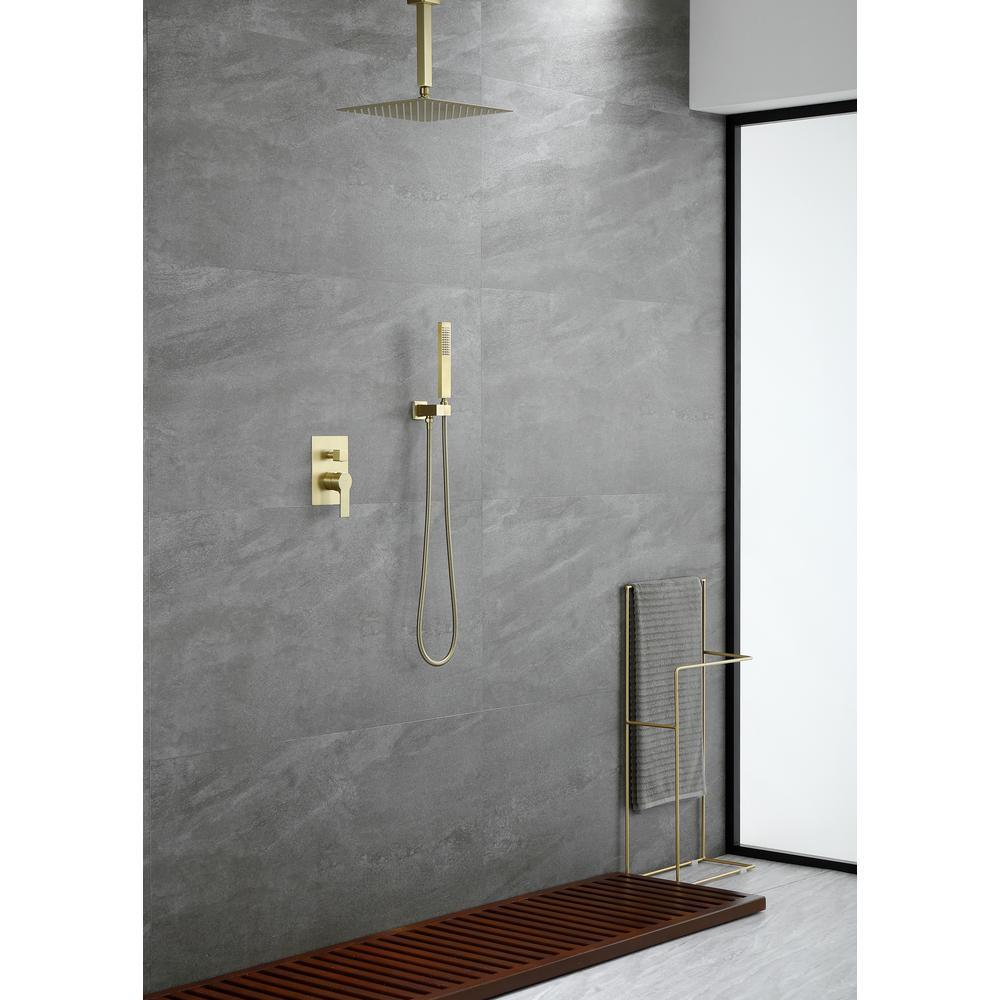 1-Spray Patterns with 2.38 GPM 12 in. Ceiling Mount Dual Shower Heads with Rough-In Valve Body and Trim in Brushed Gold